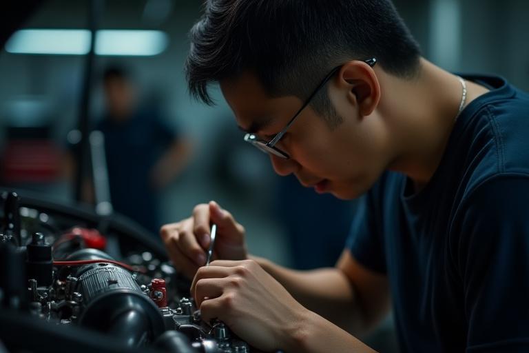 Hikari Tune's founder meticulously working on a custom car engine, symbolizing precision craftsmanship.