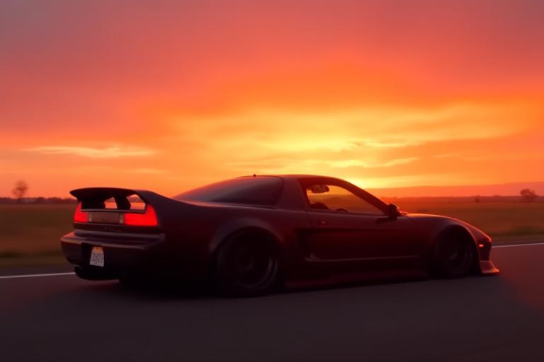 夕焼けの中を走るカスタムホンダNSXの側面図