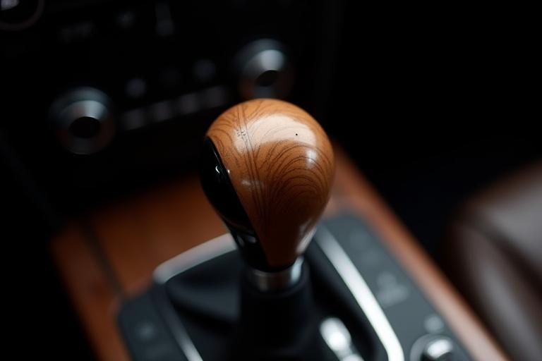 伝統的な木目調とモダンなデザインが融合したカスタムシフトノブとセンターコンソール